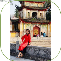 Có hàng [PASS] Áo dài cách tân chất lụa mềm EmPro màu đỏ phối quần xếp ly đen