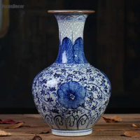 Chinese Crackle Glaze Ceramic Vase Hand-painted Antique Blue and White Porcelain Ice Crack Vase Home Crafts Table Vase Rustic