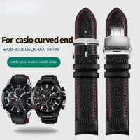 High quality Curved end Litchi grain cowhide watchband For Casio EDIFICE EQB-800BL EQB500 EQB501 EQB900 leather watch strap 22mm