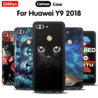 EiiMoo Black Phone Coque For Huawei Y9 2018 Case Silicone Soft Tpu Cartoon Print Back Cover For Huawei Y9 2018 Cover Case 5.93"