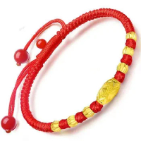 New Pure 999 24K Yellow Gold Women Carved Bead Knitted Link Bracelet Small Size