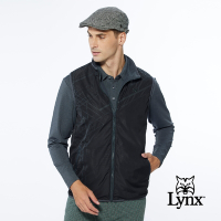 【Lynx Golf】男款保暖舒適幾何曲線菱形印花無袖雙面穿風衣布/刷毛背心-黑色
