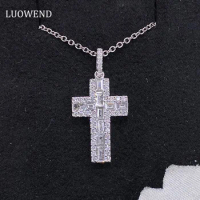 LUOWEND 18K White Gold Necklace Elegant Cross Design Pendant Real Natural Diamond Necklace for Women High Engagement Jewelry
