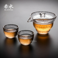 日式初雪玻璃蓋碗錘紋手抓壺泡茶碗三才茶碗加厚耐熱功夫茶具套組