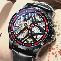 AILANG Top Brand Men's Luxury Automatic Tourbillon Watch Leather Waterproof Hollow Steampunk Mechanical Watches For Men