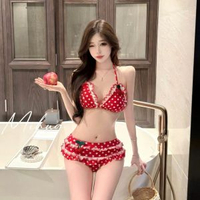 女士櫻桃印花分體三件套泳衣掛脖蕾絲荷葉邊網紗罩衫少女風游泳裝