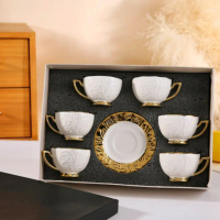 New Hampers Set Cangkir Kopi Piring Keramik 6in1 Embossed Pattern Tea Coffee Cup Parcel Lebaran Hadi