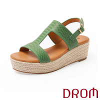 【DROM】坡跟涼鞋 厚底涼鞋/歐美復古時尚工字皮紋草編坡跟厚底涼鞋(綠)