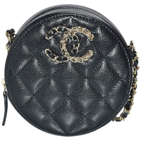 CHANEL  19系列經典雙C雙色 LOGO菱格紋牛皮金鍊圓餅包(黑色)