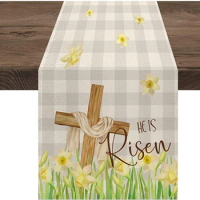 Religious Cross He Is Risen with Narcissus Spring Table Runner for Home Kitchen Restaurant Holiday Party Coffee Table Decoration