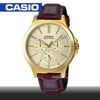 【CASIO 卡西歐】型男必備_皮革錶帶_金離子鍍金錶殼_防水_礦物玻璃_男錶(MTP-V300GL)