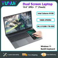 TUHUI Dual Screen Laptop 15.6 Inch IPS 7 Inch Touch Screen Gaming Laptops Intel N100 16G/32G DDR4 1TB SSD Win11 Notebook