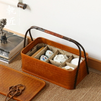 新款爆款竹編收納盒帶蓋長方形提籃茶箱手提包旅行茶具配件復古風