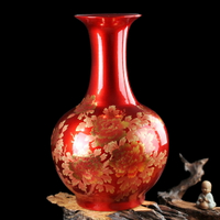 景德鎮陶瓷器落地大花瓶擺件中國紅色花開富貴現代中式客廳裝飾品