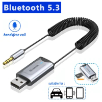 Bluetooth Receiver Car Kit 5.3 Wireless USB Dongle to 3.5mm Jack AUX Audio Music Adapter Mic Handsfree Call TF Card Slot For Car