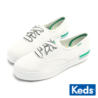 【Keds】THE PLATFORM 經典帆布厚底緞帶休閒鞋-白綠(9231W133499)