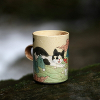 山水間 貓咪戲水手繪杯 童話杯子 景德鎮陶瓷馬克杯 復古水杯家用