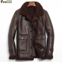 Men's Genuine Boollili Leather Jacket Winter Sheep Shearling Jacket Men Real Leather Coat Mens Aviator Flight
