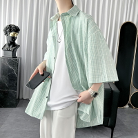 馬卡龍色系薄荷綠襯衫男短袖設計感小眾夏季千鳥格七分袖襯衣外套