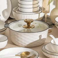 Monokrom Panci Saji Keramik 2.3L Tutup Kaca Elegan Tahan Panas Cocok untuk Hidangan