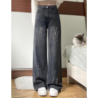 Seluar Jeans Kaki Lurus, Gaya Vintaj, Pinggang Tinggi, Pelangsingan Badan, Kaki Lebar Terbungkus, Pa