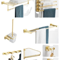Gold Towel Bar Rail Toilet Paper Holder Towel Rack Hook Soap Dish Toilet Brush Phone Stand Paper Box Bar Storage
