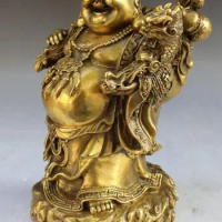 8" Chinese Bronze Stand Happy Laugh Maitreya Buddha Money Dragon Ru Yi Statue