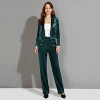 Winter Office Dark Green 2 Pieces Set Velvet Blazer Top + High Waist Pant for Women