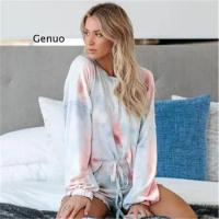 Women's Sleepwear Tie dye printed Long Sleeve Pajamas for Women Pajama Set Sweet Long Sleeve T Shirts &amp; Shorts autumn Pijama