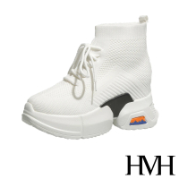 【HMH】舒適彈力飛織綁帶造型厚底內增高時尚休閒鞋(白)