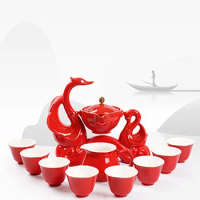 Chinese Traditional Red Wedding Automatic Kung Fu Tea Set Semi-automatic Office Tea Set Creative Lazy Ceramic Teapot Cup Teaware