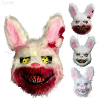 Bloody Bunny Mask Creepy Plush Toys Girls Masquerade Cosplay Teddy Bear White Rabbit Head Decoration Horror Halloween Costume