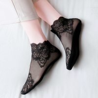 黑色蕾絲襪子女夏季薄款花邊短襪淺口春秋中筒棉底腳面透明水晶襪