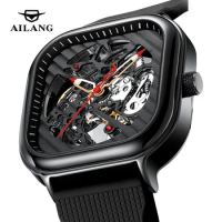 AILANG Top Brand Fashion Square Mechanical Watch Mens Silicone Strap Waterproof Steampunk Hollow Automatic Watches for Men