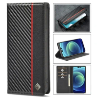 LC-imeeke Carbon Fiber Magnetic Wallet Case For Samsung Galaxy S24+ S23 FE S22 Ultra S 24 Plus 5G Leather Flip Book Cover S24Plu