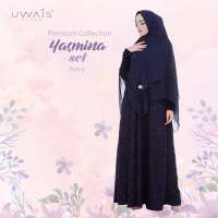 BAJU GAMIS SYARI PREMIUM ORIGINAL UWAIS HIJAB YASMINA SET LONGDRESS NAVY DONGKER JERSEY TERBARU