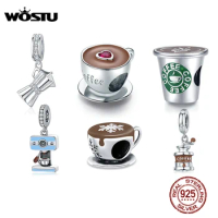 WOSTU Silver Coffee Cup Charm Zircon 925 Sterling Silver Cafe Bead Fit Original Bracelet &amp; Bangle DIY Pendant Jewelry For Women
