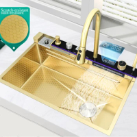 New Trend Golden Nano SUS 304 Automatic Cup Washer 4 Piano Digital Display Waterfall Faucet Kitchen Sinks