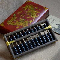 China Old Antique Wood Leather Box Dragon Abacus Calculator 11 Axle Instructions