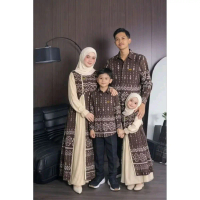Tenun RR - Baju Couple Tenun Kondangan Keluarga - Gamis Couple Hana Kombinasi Tile Toyobo krem warna