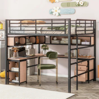 Full size Metal Loft Bed with Bookcase,L shaped Desk and Cabinet,Multi functional youth bed,Kids bed,perfect for small room