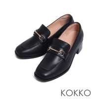 KOKKO摩登復古方頭羊皮微寬楦樂福跟鞋黑色