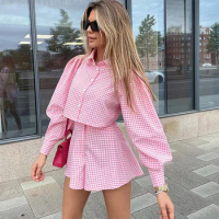Plaid Women's 2 Pieces Set With Shorts Pajama Ladies Long Sleeve Sleepwear Spring Summer Single Breasted Pijama Suit For Female