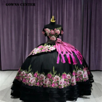 Traditional Pink Roses Mexican Embroider Black Ball Gown Quinceanera Dress With Belt Sweet 16 Dress Ruffels Vestido De 15 Año