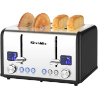 Toaster 4 Slice, KitchMix Bagel Stainless Toaster with LCD Timer, Extra Wide Slots, Dual Screen, Removal Crumb Tray (Black)
