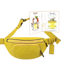 COACH 芥末色皮革大C立體浮雕小型腰包/單肩背兩用包+MOSCHINO 品牌隨身小香
