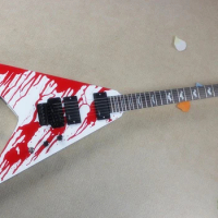 V Shape White Electric Guitar with Tremolo Bridge,Bloody Pattern,Offer Customize