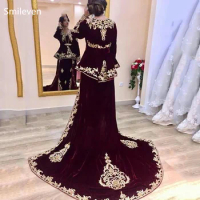Smileven Burgundy Caftan Evening Dresses Velvet Elegant Karakou Algerian Prom Dresses Lace Evening Party Gowns