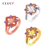 CLUCI 925 Sterling Silver Rose Gold Ring for Women Jewelry Silver 925 Pearl Ring Mounting Adjustable Zircon Flower Ring SR2201SB