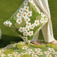 【IN stock pillowcase】 Fresh Green Mini Flora Daisy Embroidery Cushion Cover Decorative Pillow Case M